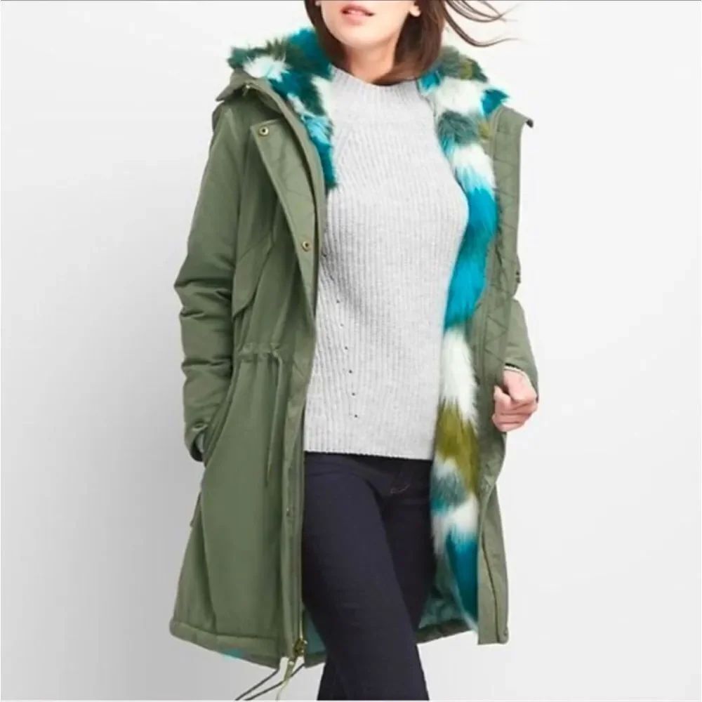 GAP Women's XS Olive Green Parka w/ Colorful Faux Fur Lining Hooded Winter Coat